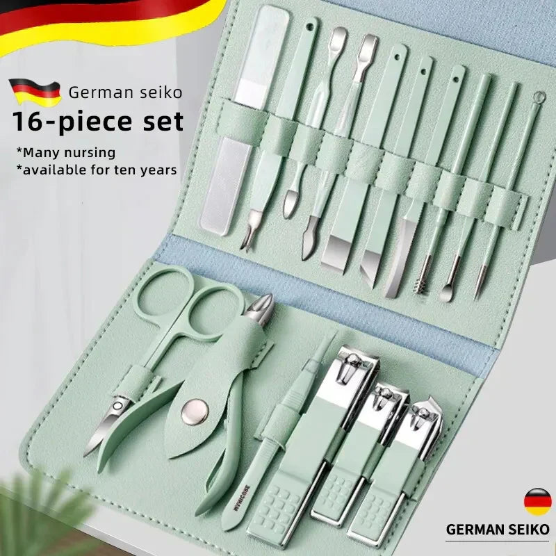 16 PCS Professional Stainless Steel Nail Clipper Manicure Pedicure Set With Leather Case