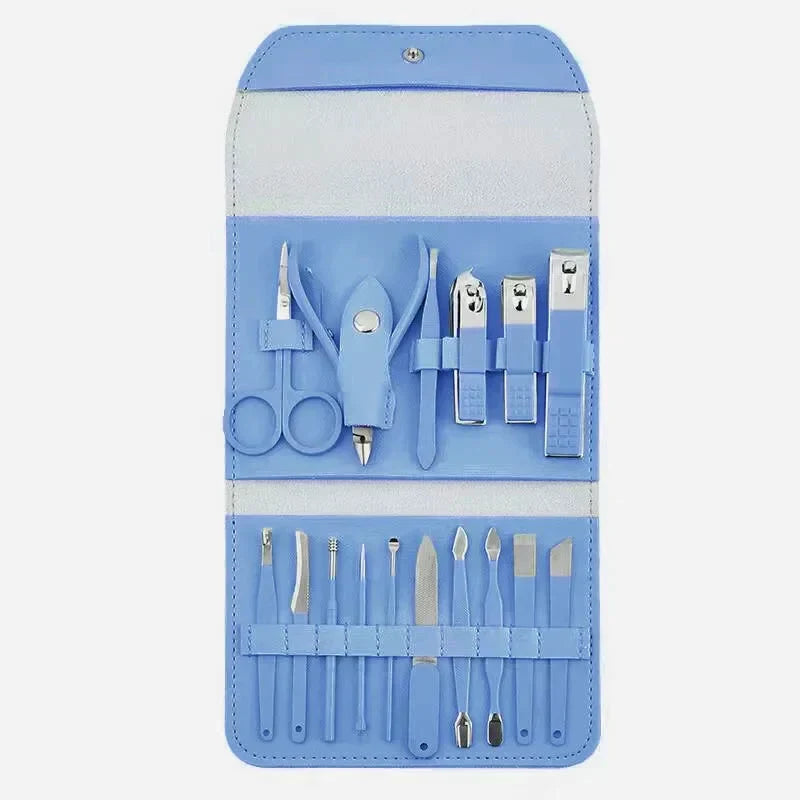 16 PCS Professional Stainless Steel Nail Clipper Manicure Pedicure Set With Leather Case