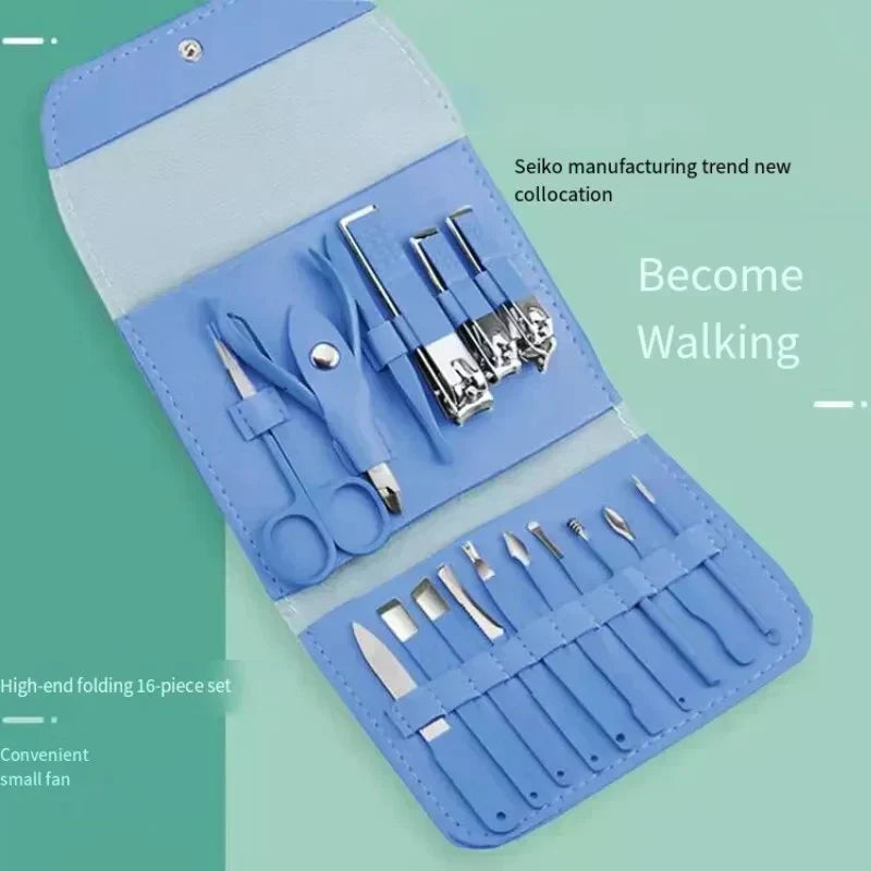 16 PCS Professional Stainless Steel Nail Clipper Manicure Pedicure Set With Leather Case