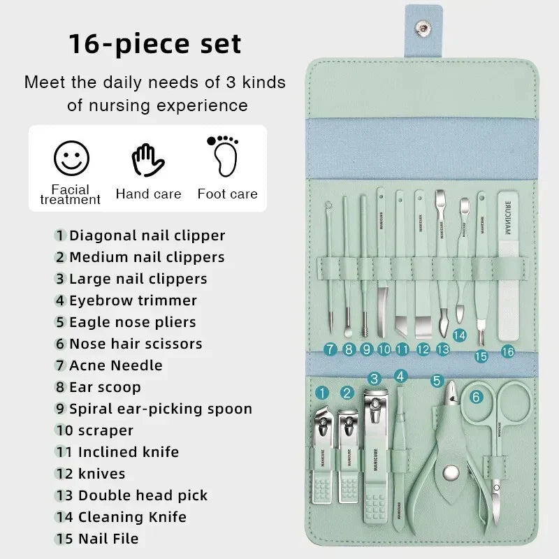 16 PCS Professional Stainless Steel Nail Clipper Manicure Pedicure Set With Leather Case