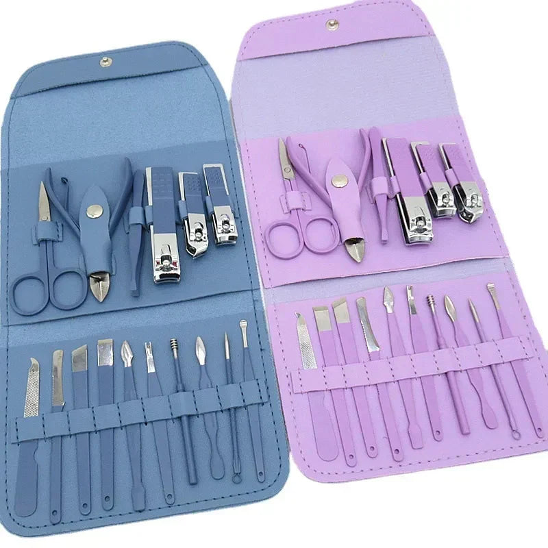 16 PCS Professional Stainless Steel Nail Clipper Manicure Pedicure Set With Leather Case